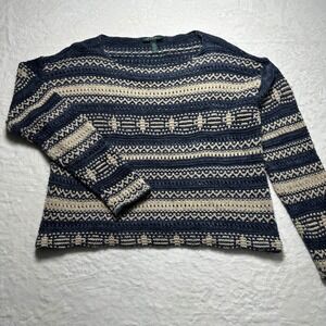 Lauren Ralph Lauren Indigo Chunky Knit Sweater Linen Blend Blue Beige Size Large